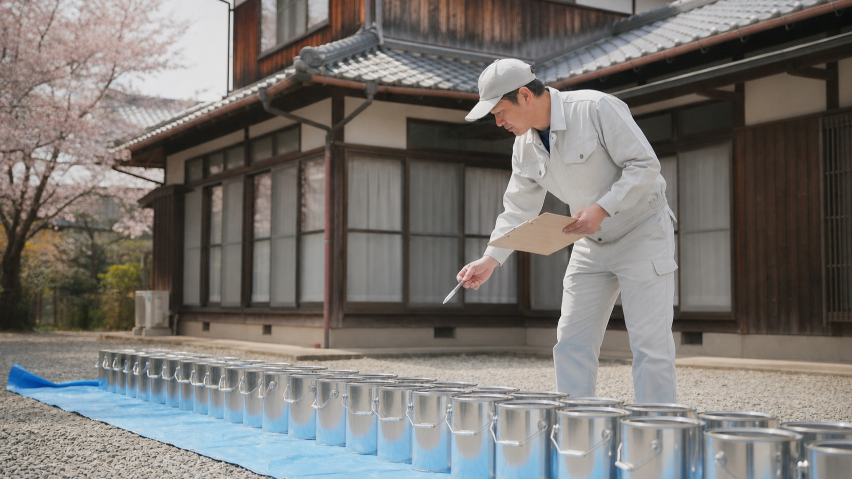 塗料缶と見積書を確認する様子