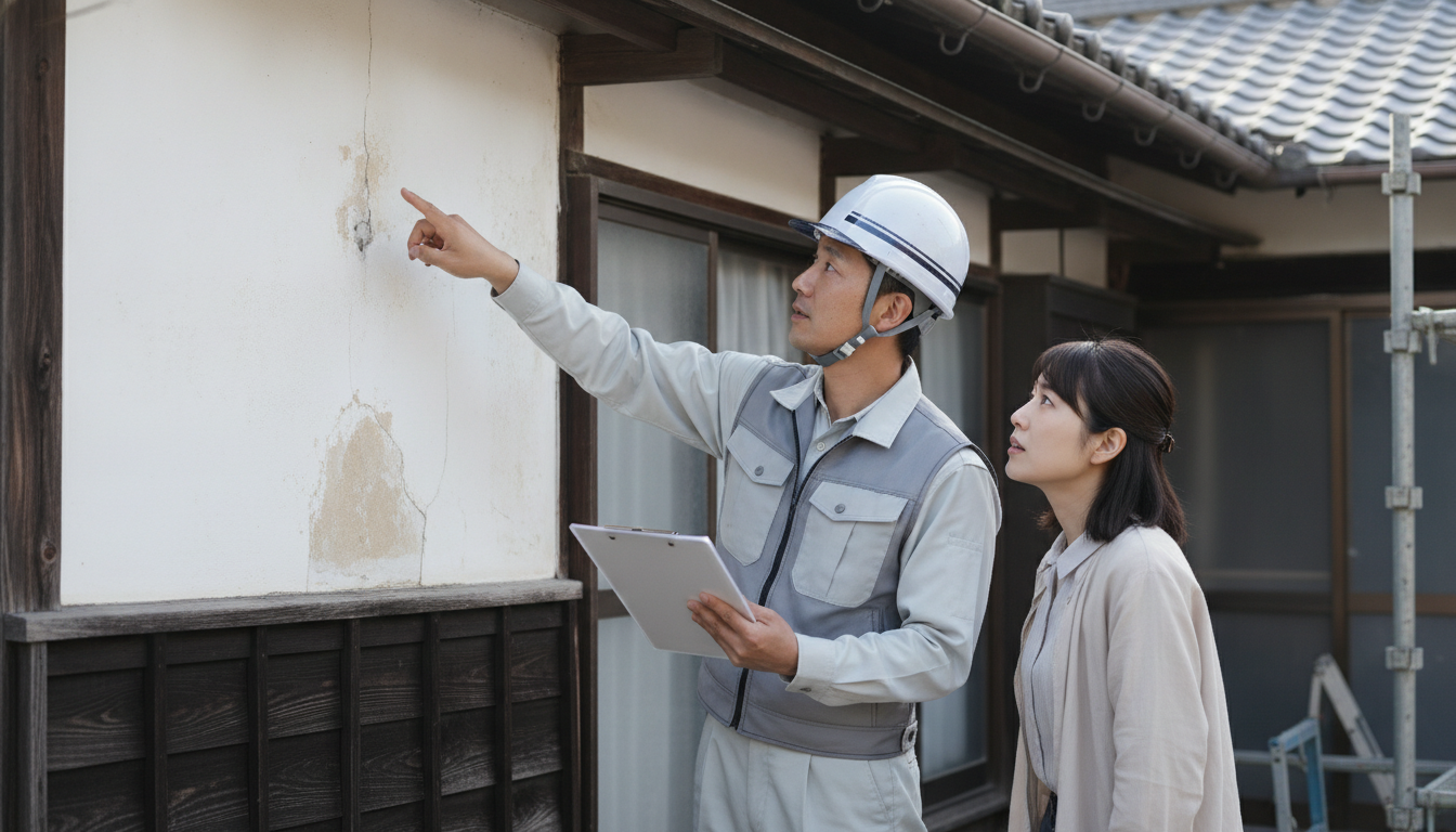 補助金申請のために着工前に行われる外壁の現地調査の様子