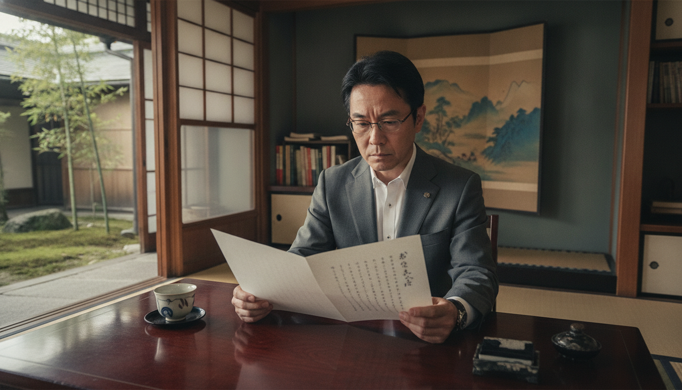 保証書を確認する男性 机に向かって真剣な表情で保証書や契約書を読み込む日本人男性