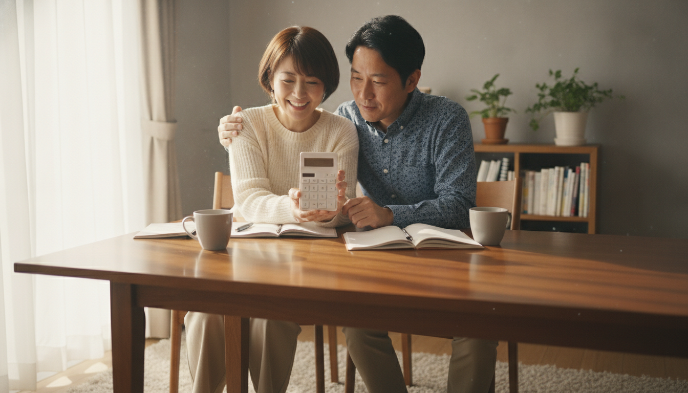 ダイニングテーブルで電卓を使いながら笑顔で資金計画を立てる夫婦
