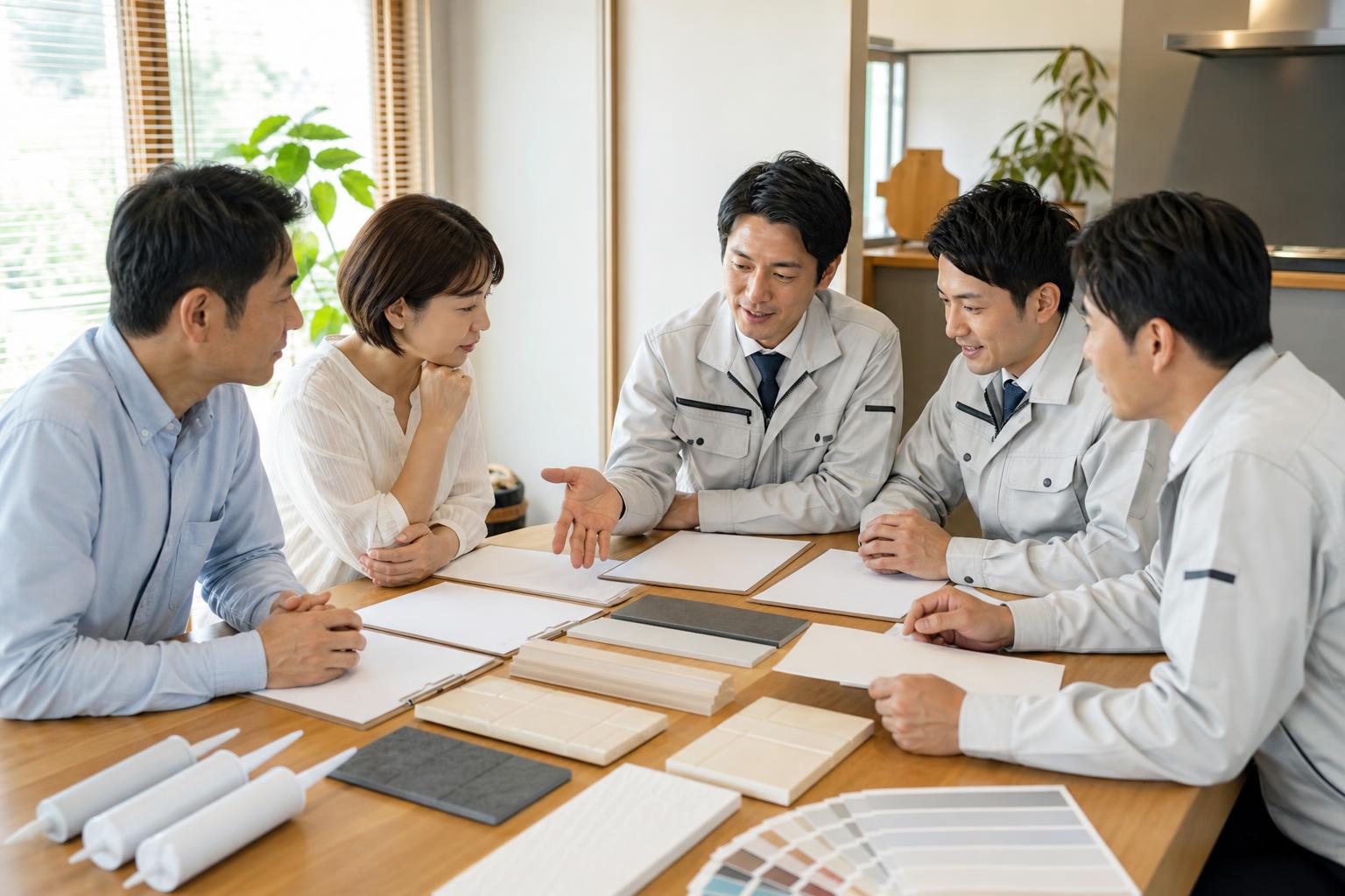 外壁塗装の見積条件を複数の専門業者と比較する家族