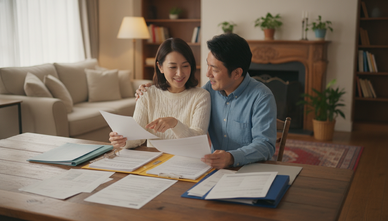複数の見積もりを比較する夫婦 テーブルに複数の見積書を並べて、適正価格を比較検討している夫婦