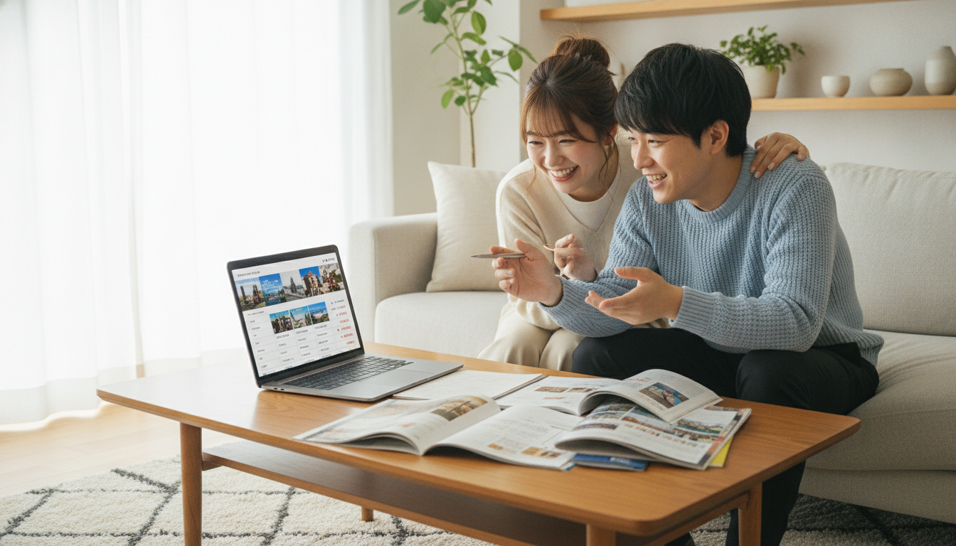 パソコンを使って複数社の見積もりを笑顔で比較検討する夫婦