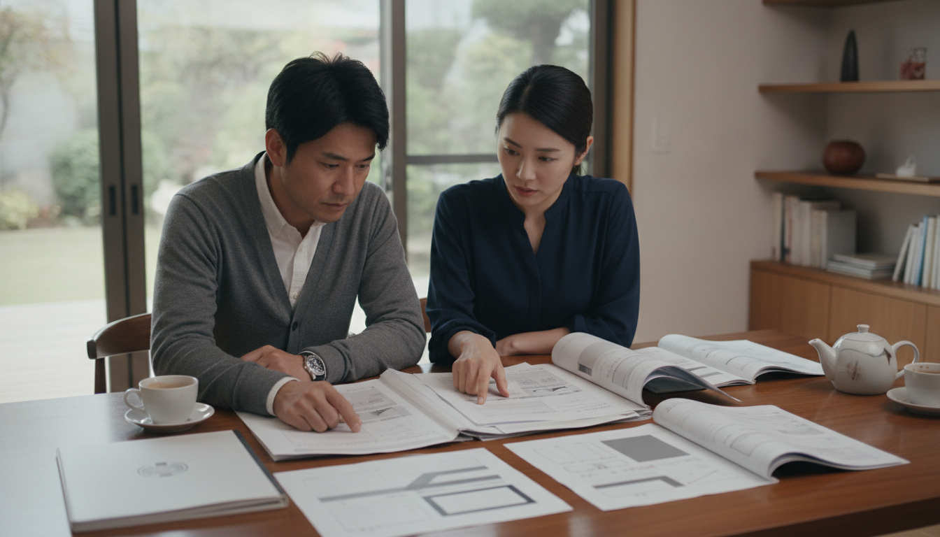 ダイニングテーブルで複数社の外壁塗装の見積書を真剣に見比べる夫婦