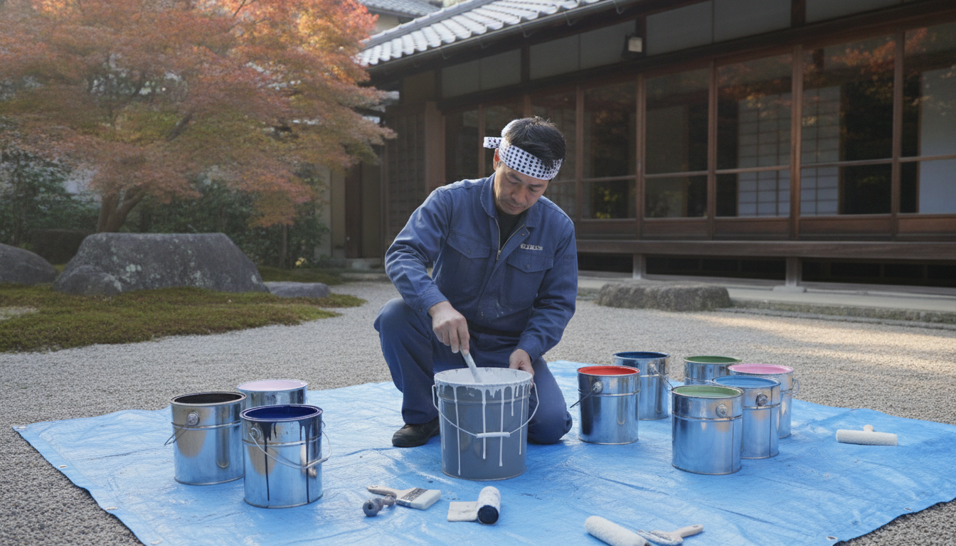 塗料を準備する塗装職人 住宅の庭で複数の塗料缶を前に準備をしている日本人の塗装職人