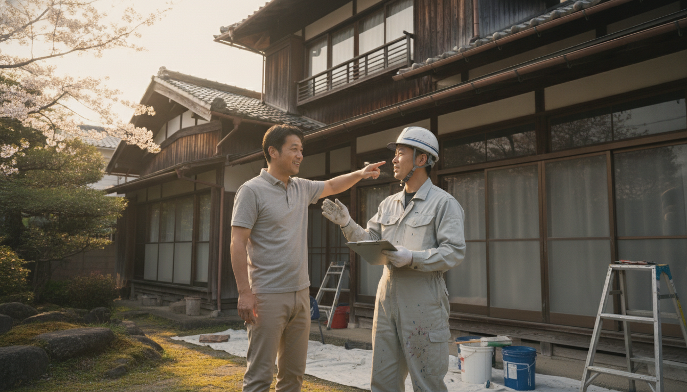 塗装業者と現地調査を行う様子