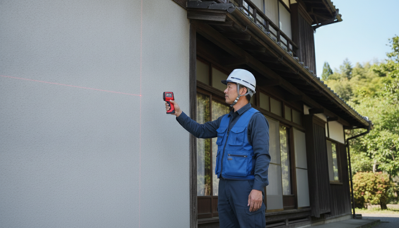 作業着姿の日本の業者がレーザー距離計を使って外壁の長さを測っている様子