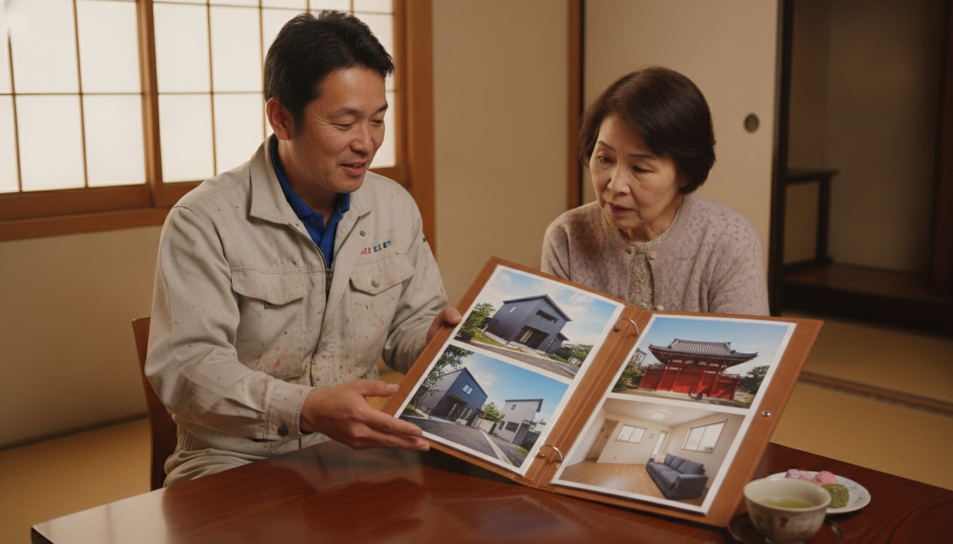施工事例を見せる職人 過去の外壁塗装の施工事例写真をお客様に丁寧に見せる日本人の塗装業者