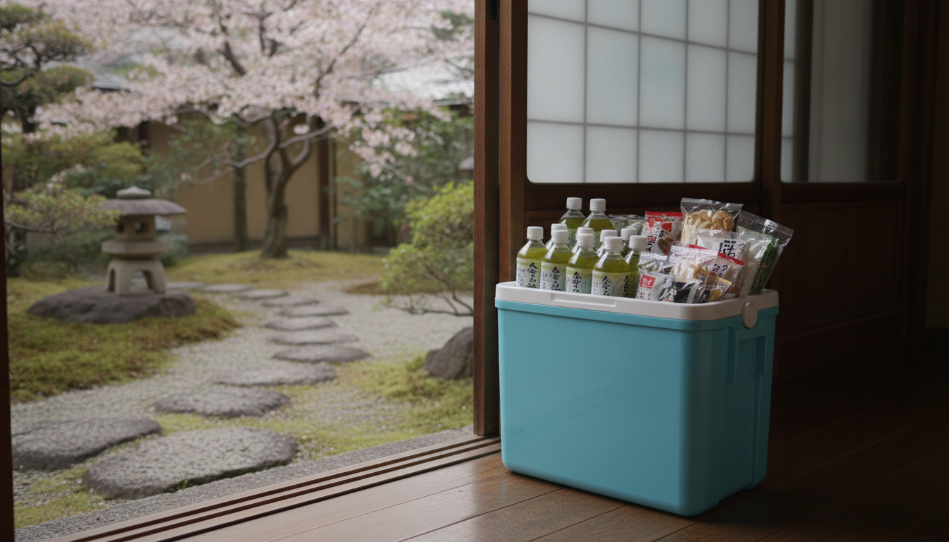 玄関先の置き差し入れ 玄関先に置かれたお茶のペットボトルが入ったクーラーボックス