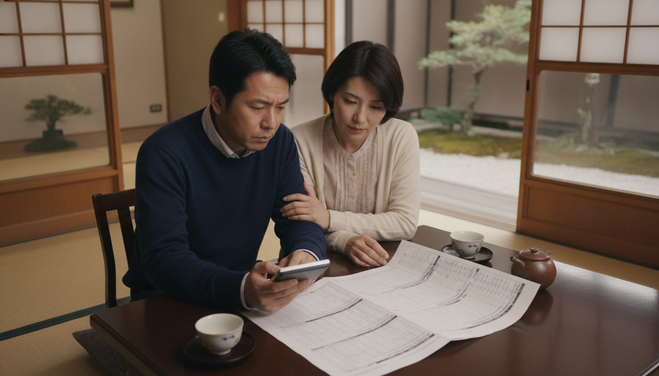 外壁塗装の相場と見積もり ダイニングテーブルで見積書と電卓を見ながら費用について考える日本人夫婦