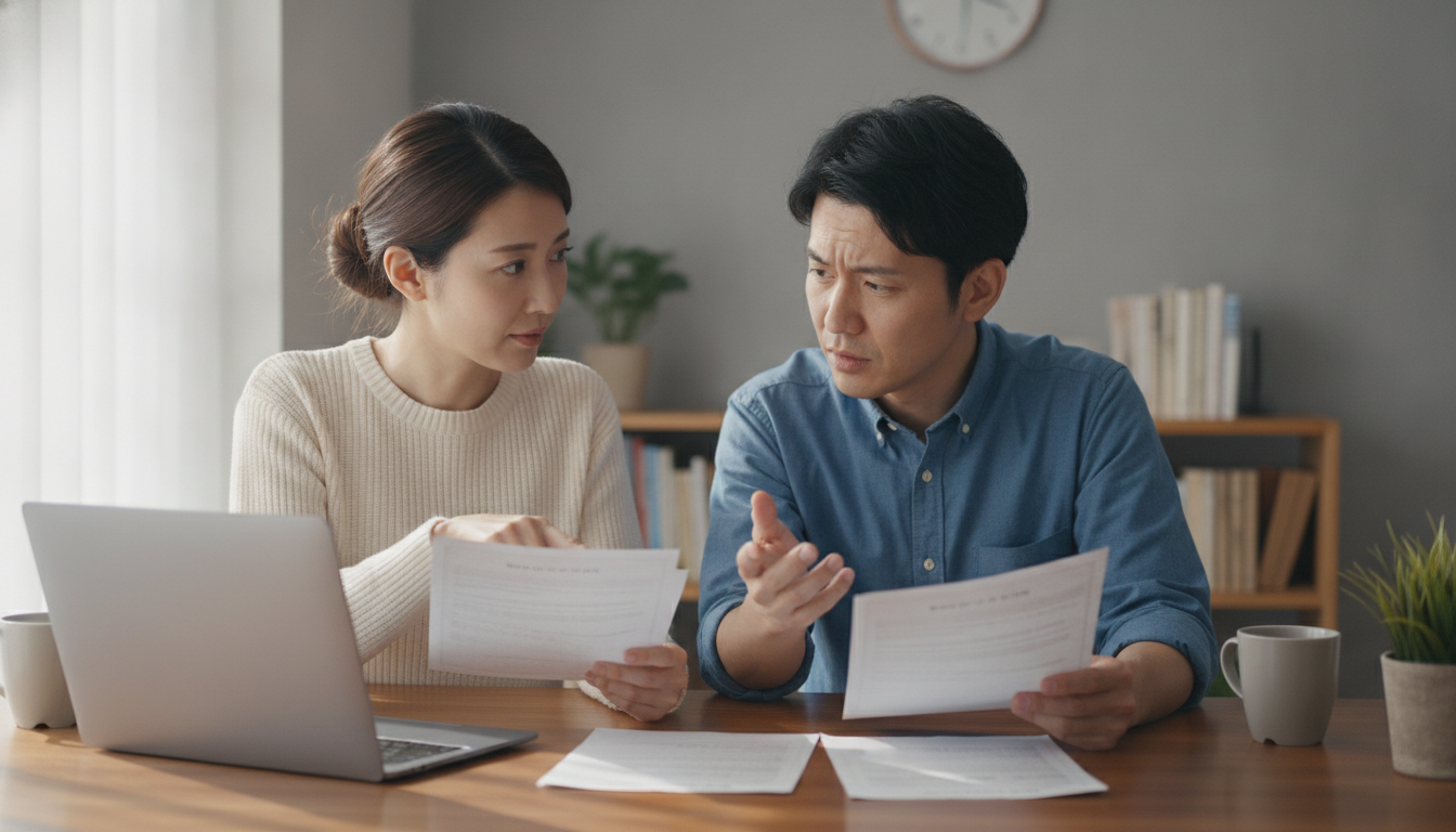 保証書を確認する夫婦 ダイニングテーブルで家の保証書を見ながら真剣に話し合う日本人夫婦