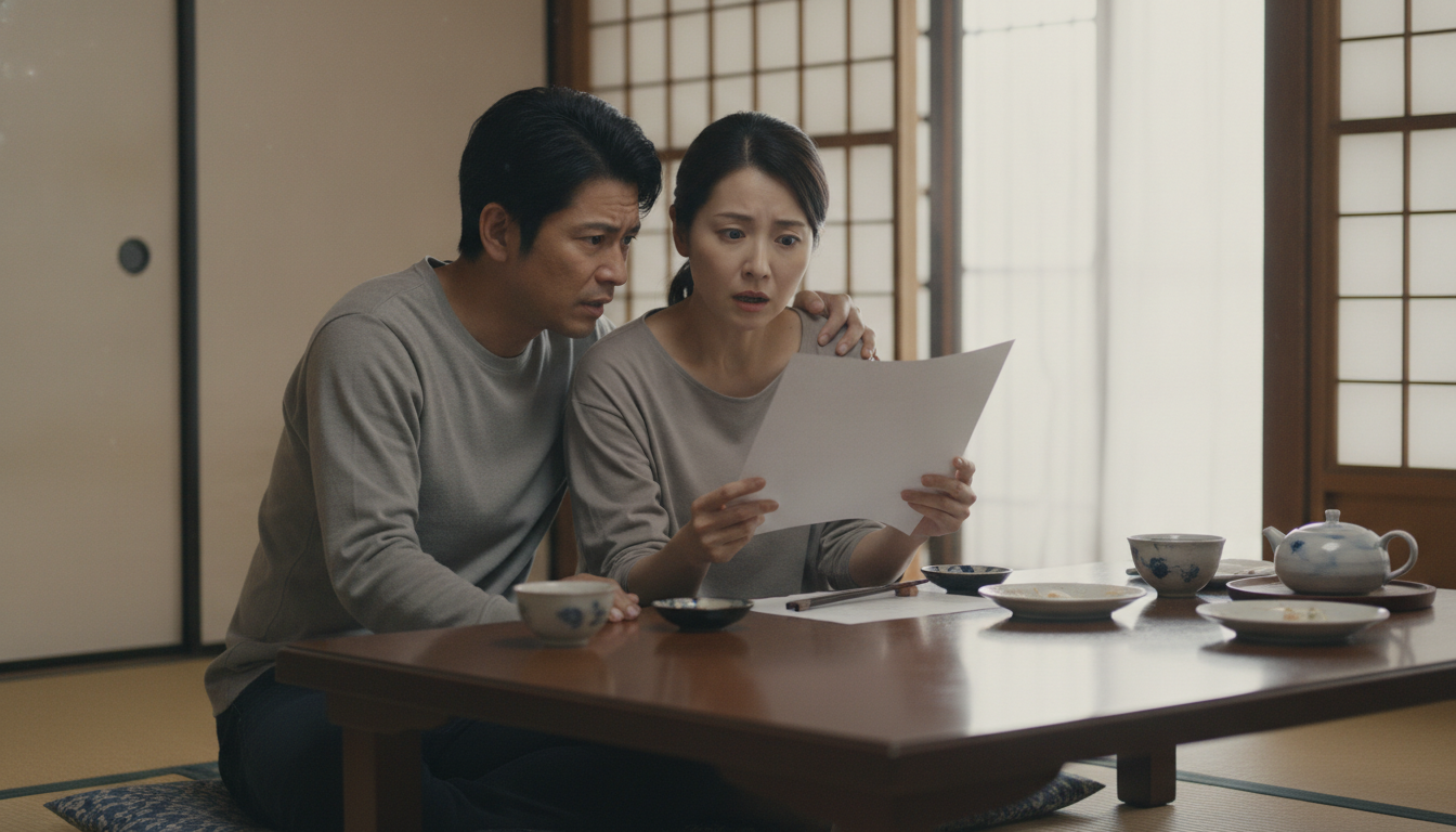 見積もりを見て悩む夫婦 ハウスメーカーからの外壁塗装の見積書を見て金額に驚く夫婦