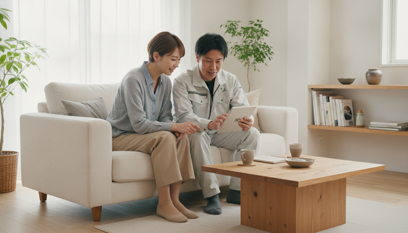 リビングで塗装業者とタブレットを見ながらスムーズに手続きする様子
