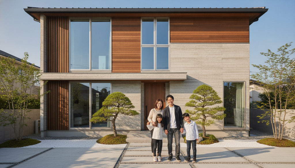 綺麗に外壁塗装された日本のモダンな戸建て住宅と笑顔で立つ家族