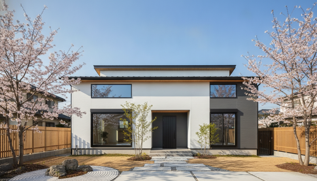 青空の下に建つ外壁塗装が完了した綺麗な日本の戸建て住宅