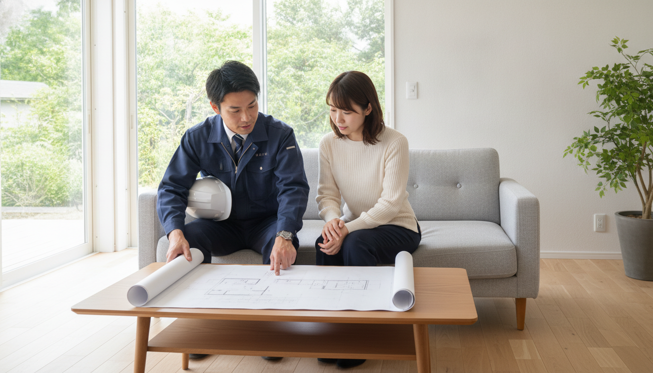 リビングで外壁塗装の見積書の内訳について顧客に丁寧に説明する専門業者