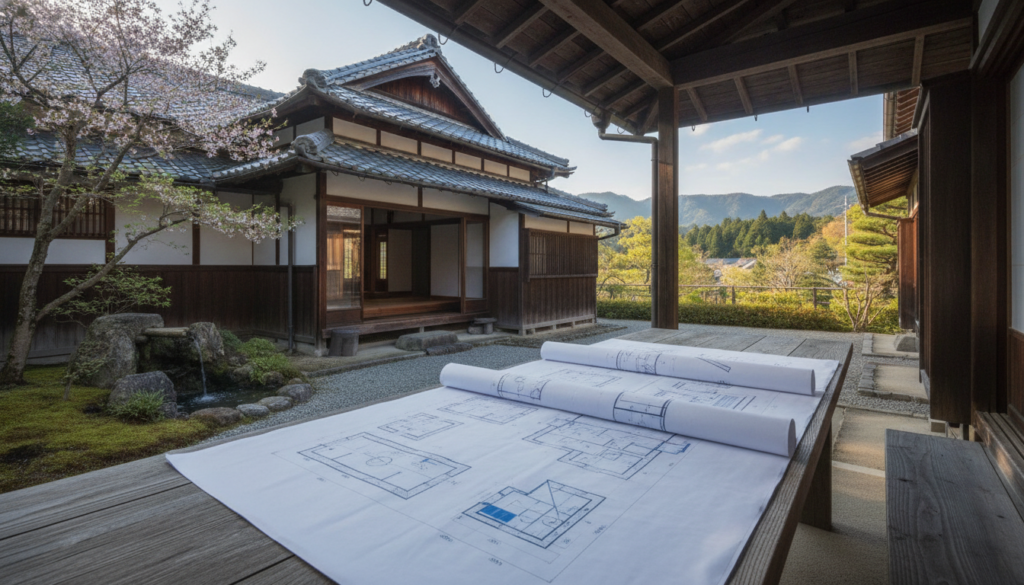 木製のテーブルに広げられた図面と、背景にぼやけて見える日本の住宅の外観