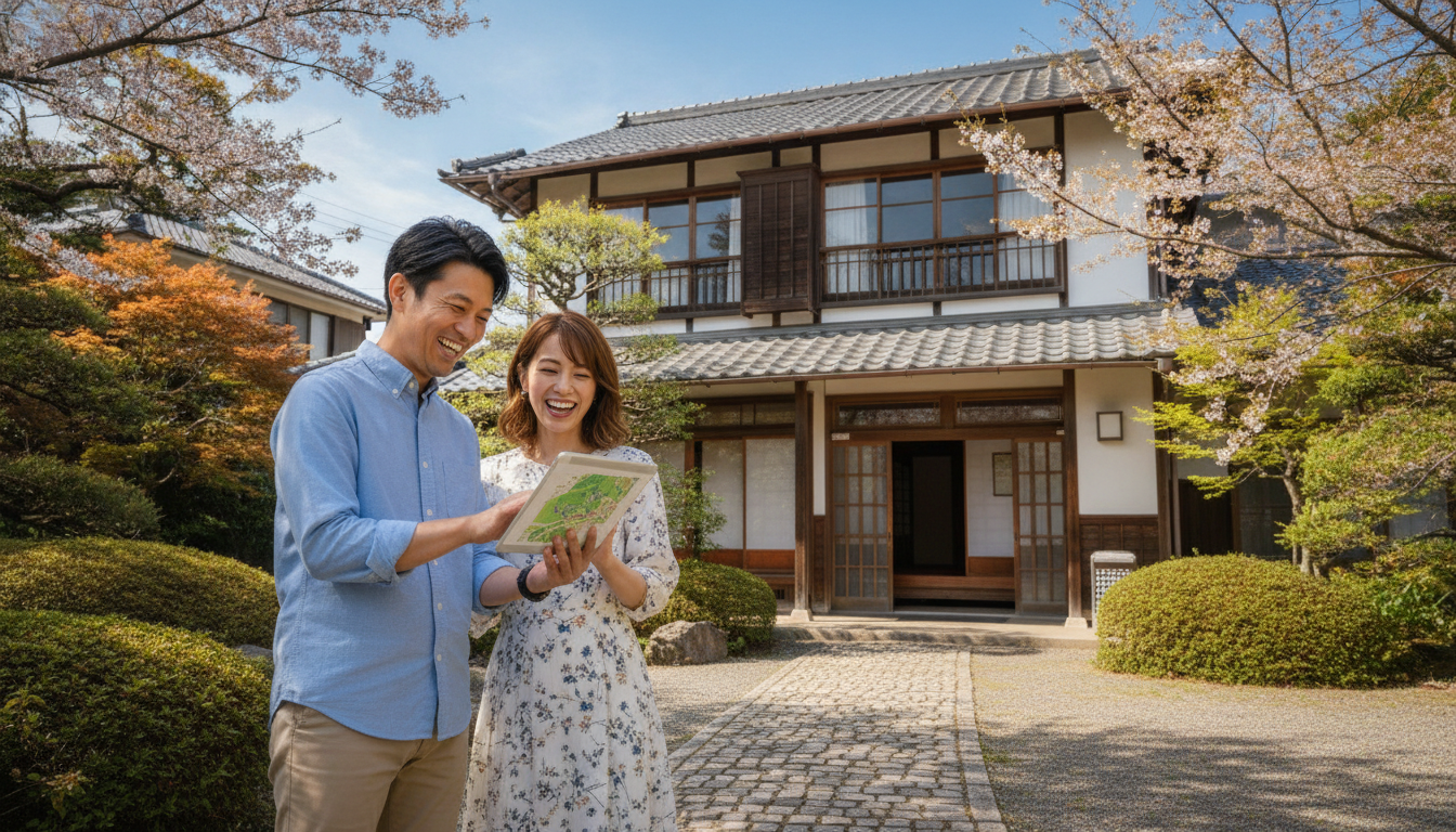 タブレットを見ながら自宅の外壁塗装費用を検討している笑顔の日本人夫婦