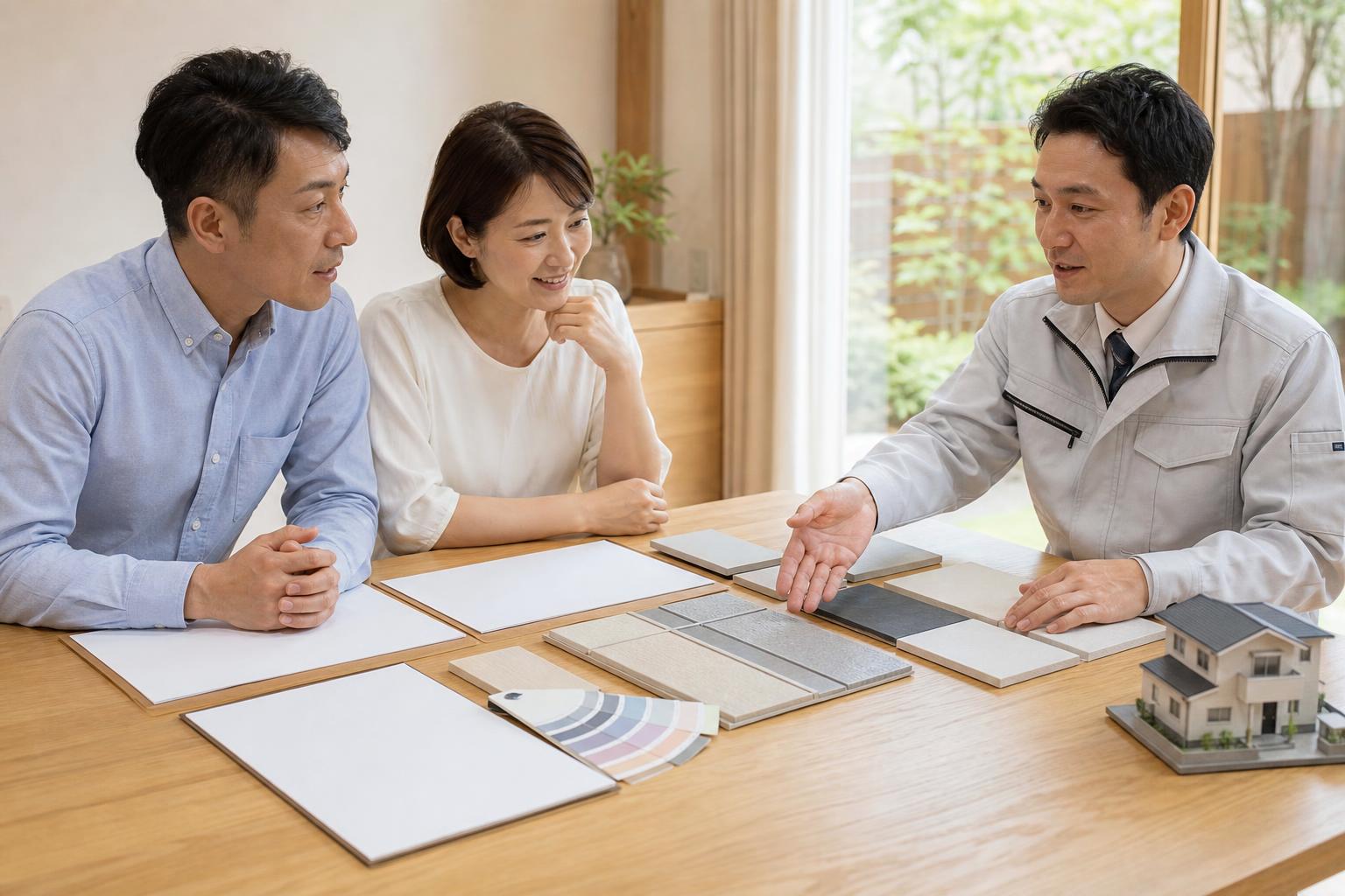 外壁塗装の費用と工法を複数の見積書で比較する家族