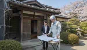 玄関先で見積もりの相談をする外壁塗装業者と家の住人