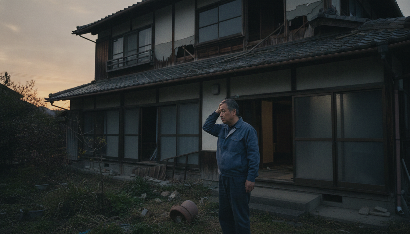 外壁塗装で失敗して後悔し、家の前で悩んでいる日本人のイメージ