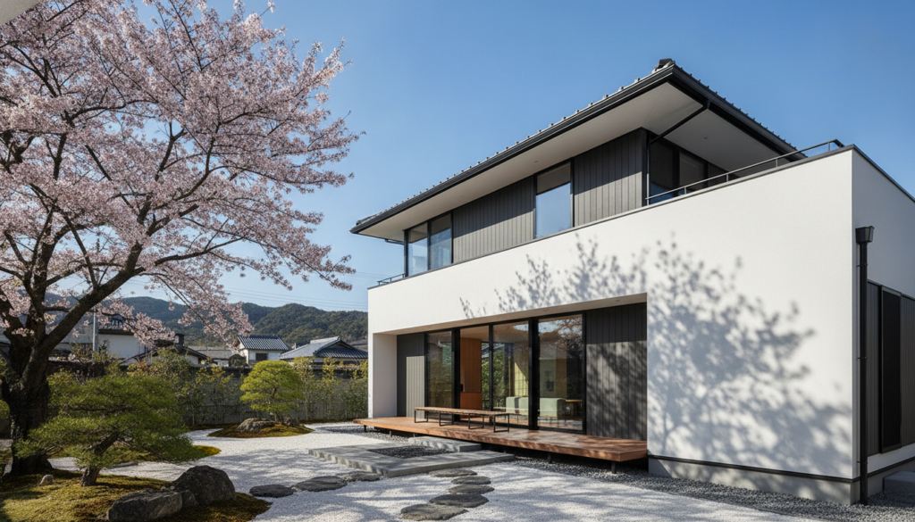 青空の下に建つ綺麗に外壁塗装された40坪2階建ての日本の住宅