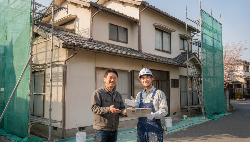 外壁塗装の足場が組まれた住宅の前で笑顔で打ち合わせをする日本人施主と職人