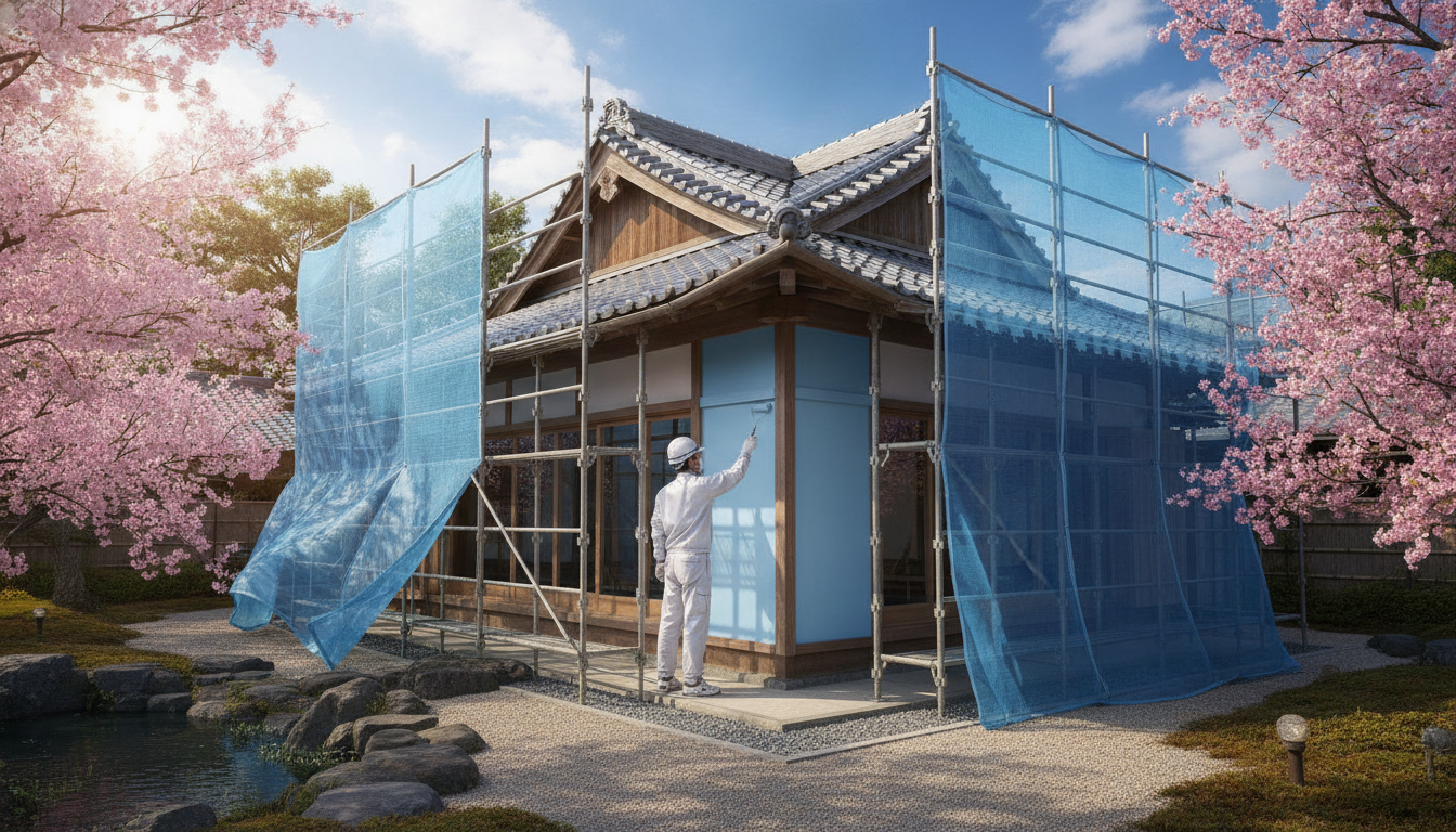 外壁塗装が行われている日本の住宅の様子