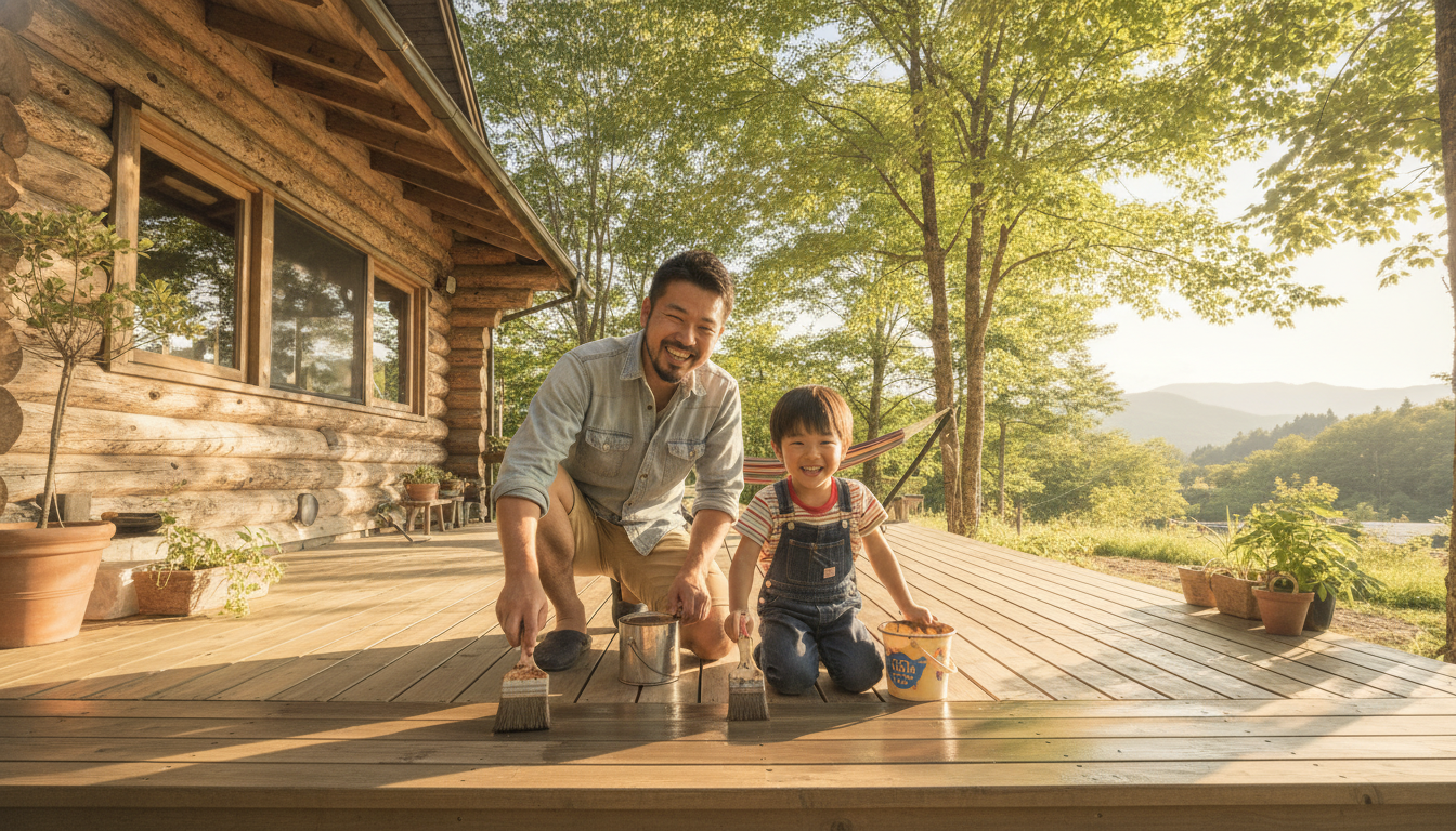 休日の晴れた日に、日本人の親子が笑顔でログハウスのウッドデッキをDIY塗装している様子