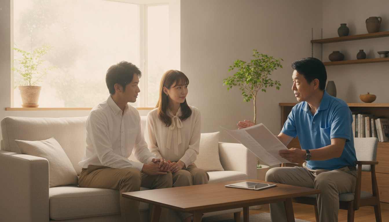 防犯対策として夫婦で一緒に業者の説明を聞いている様子