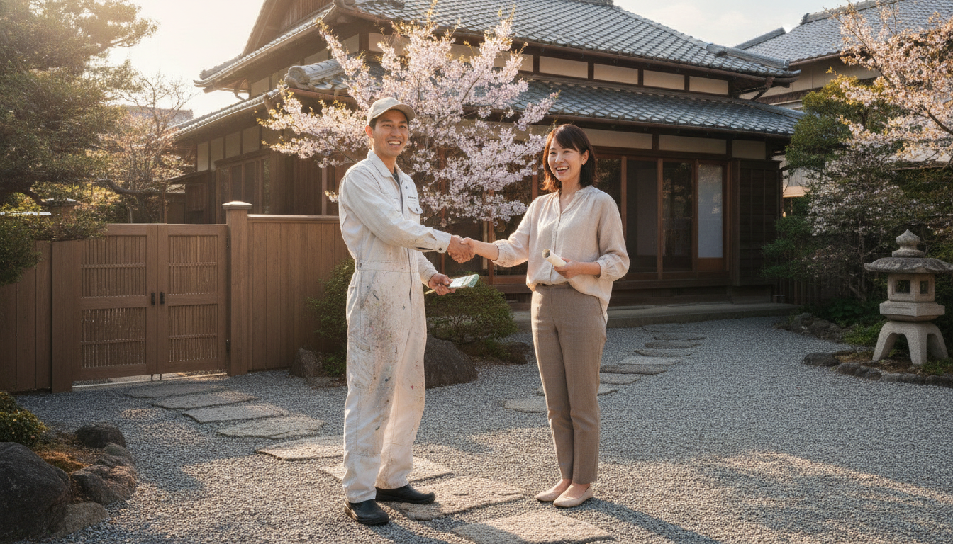 優良な塗装業者の見つけ方 笑顔で握手を交わす日本の塗装職人と住宅のオーナー