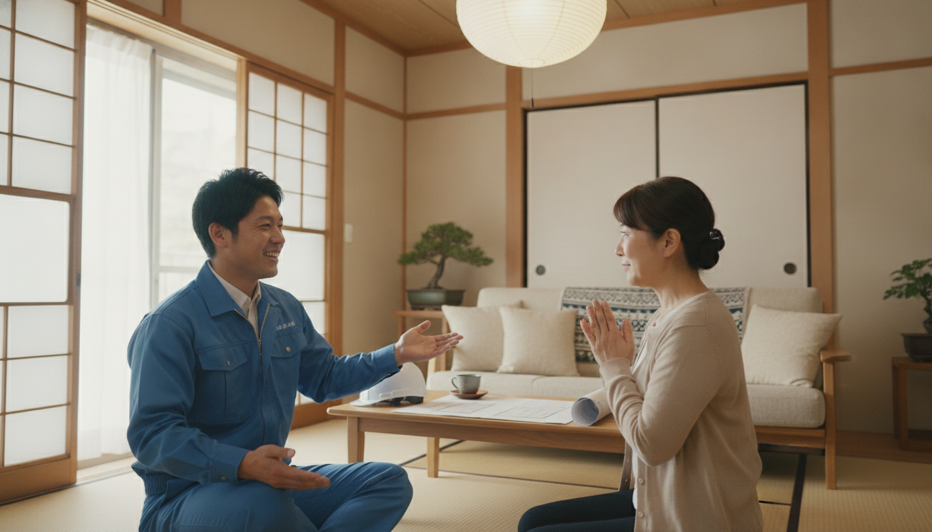 明るいリビングで、家主に対して笑顔で丁寧に説明をしている作業着姿の男性