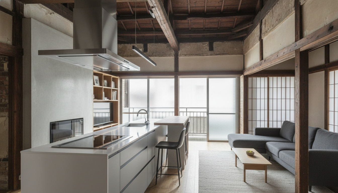 フルリノベ物件の真新しい内装 古いマンションをフルリノベーションした新築のように綺麗なキッチン