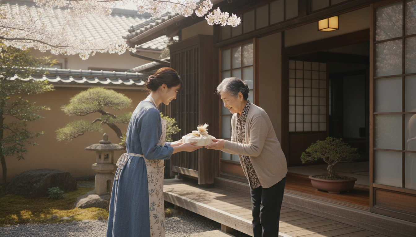外壁塗装の前にご近所へ挨拶をして粗品を渡す様子