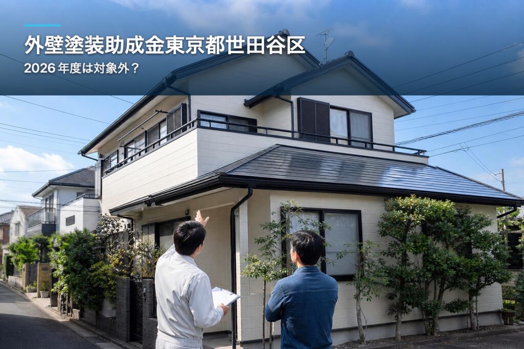 世田谷区の戸建住宅と外壁・屋根を確認する担当者