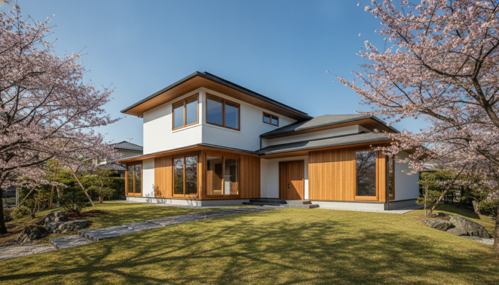 綺麗に外壁塗装されたキュービックデザインの日本の戸建て住宅