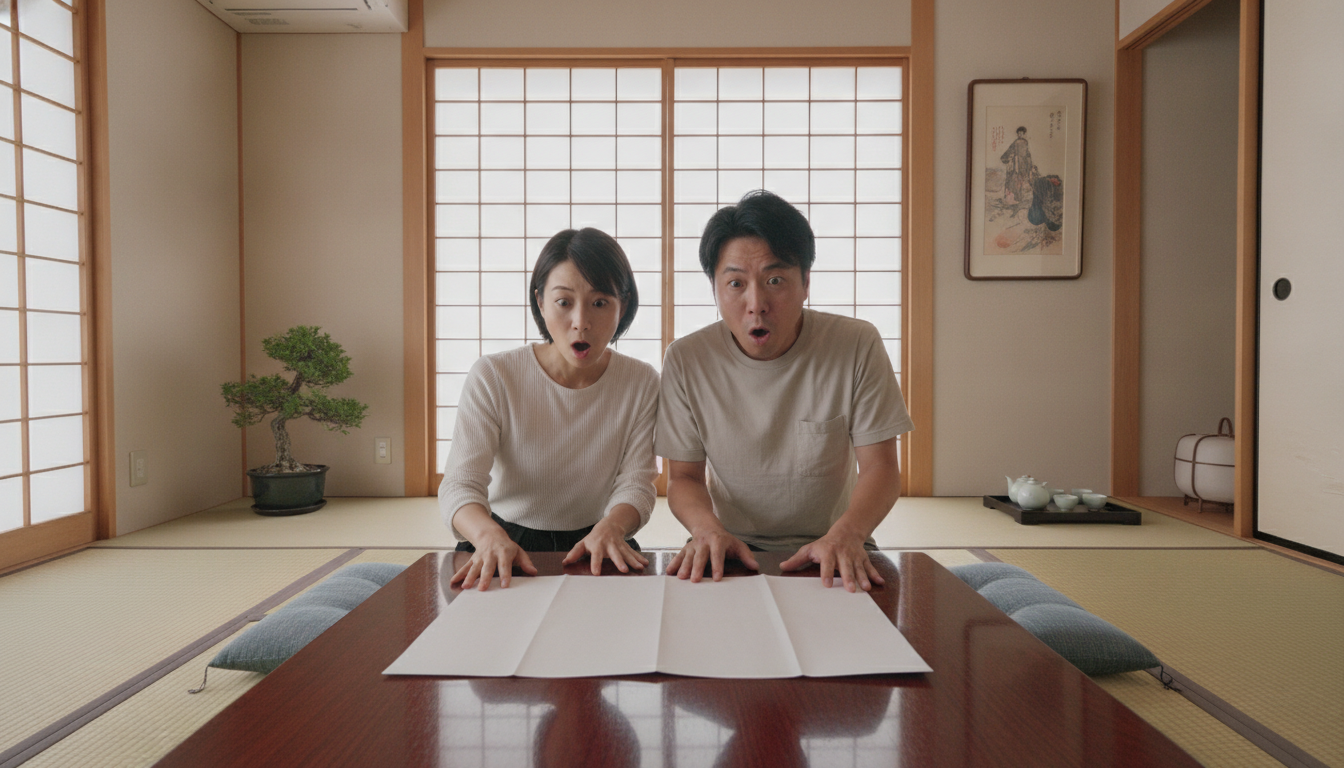 高額な見積もりに驚く夫婦 リビングで外壁塗装の見積書を見て驚いている日本人の夫婦