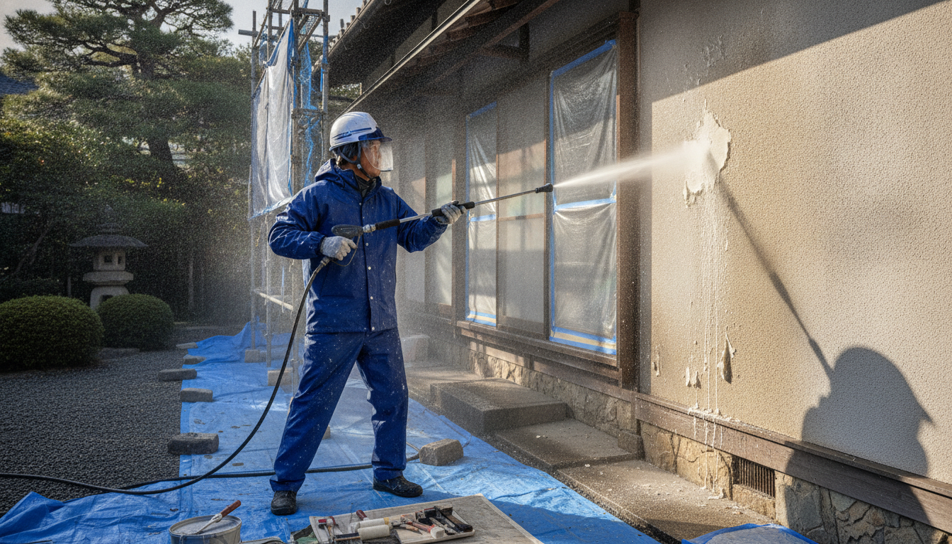 外壁塗装の前工程として高圧洗浄を行う職人