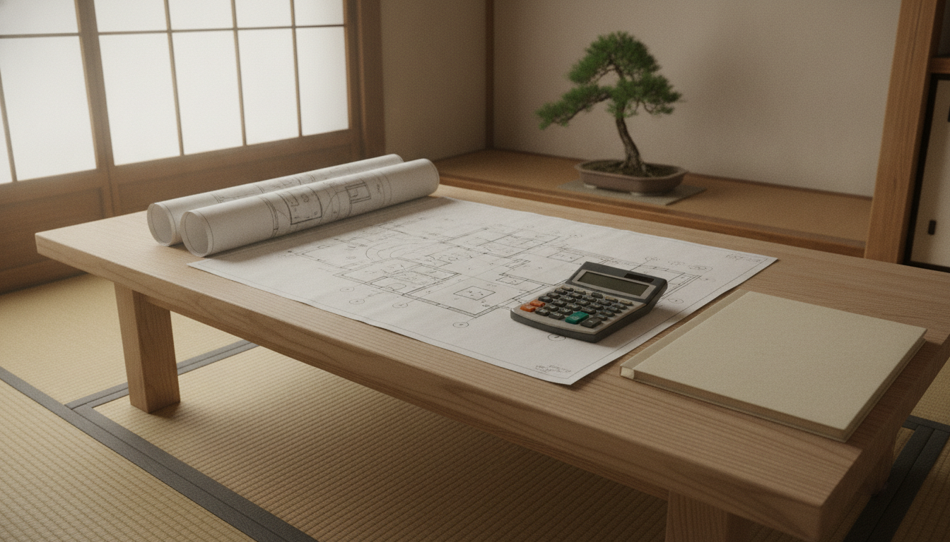 リビングのテーブルに置かれた住宅の図面と電卓