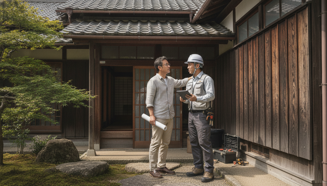 家の外壁の前で実測調査について話し合う日本の施主と作業着姿の業者