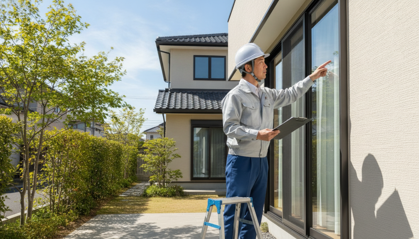 外壁の劣化を点検する様子 築10年を迎えた住宅の外壁を丁寧に点検している専門スタッフ
