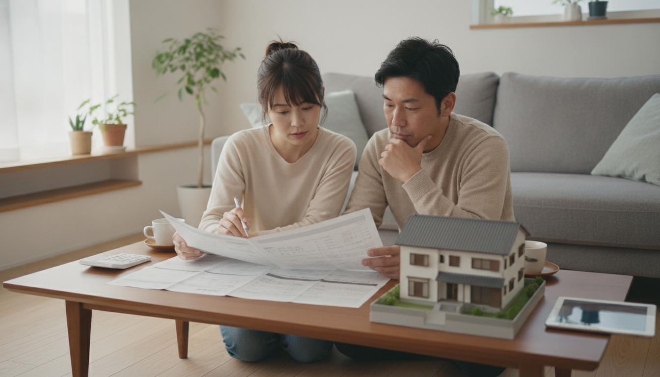 リビングで見積書を見ながら塗装費用を検討する夫婦