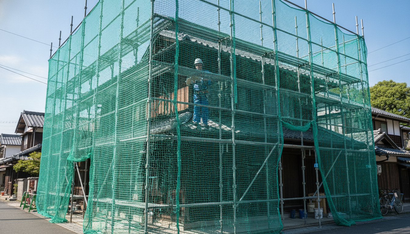 外壁塗装工事のために足場と飛散防止ネットが設置された日本の戸建て住宅