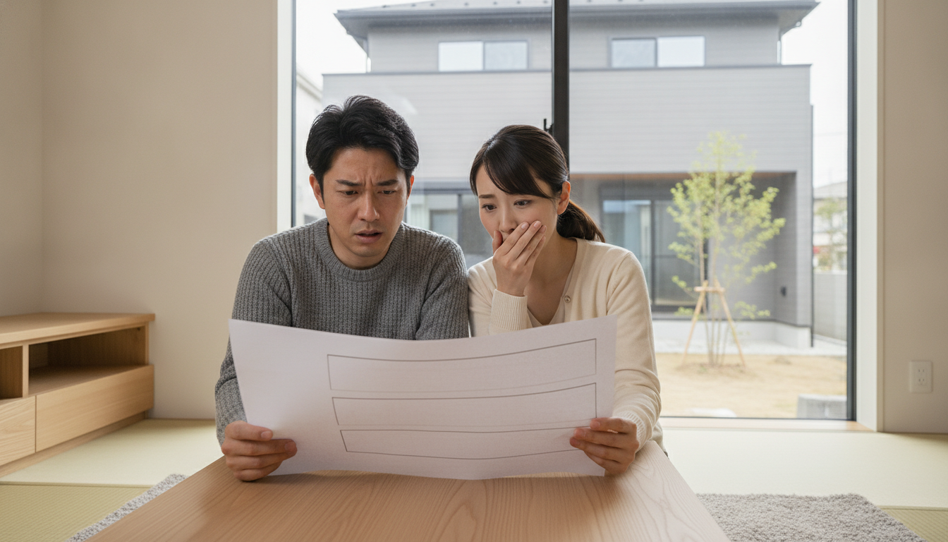 外壁塗装の高額な見積書を見て悩む日本人の夫婦の様子