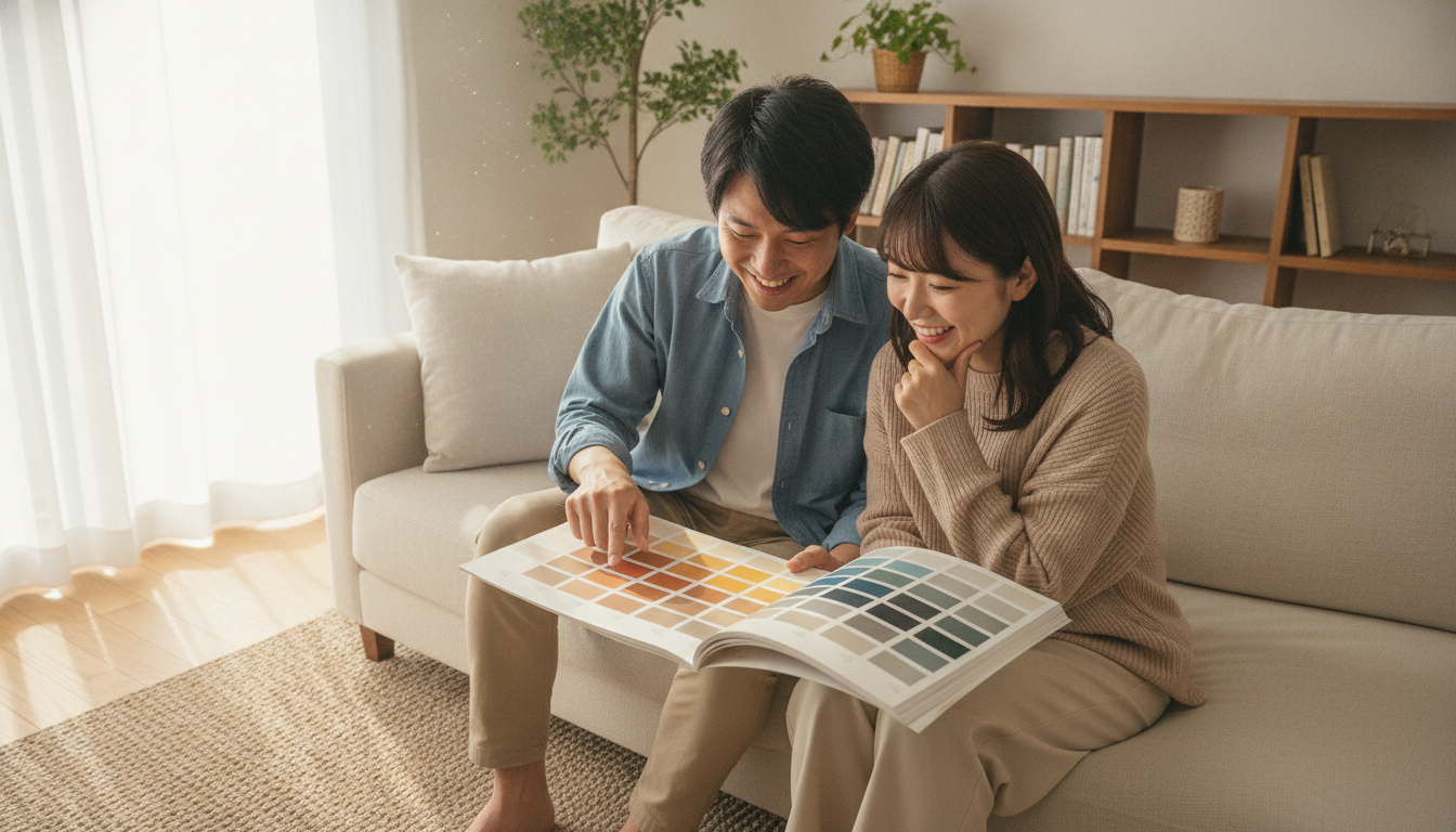 明るいリビングで外壁塗装の色見本帳を笑顔で見ながら相談する日本の夫婦
