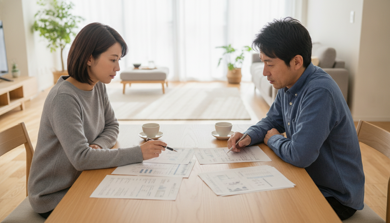 明るいリビングのテーブルに複数の見積書を広げ、真剣に比較検討している日本人の夫婦