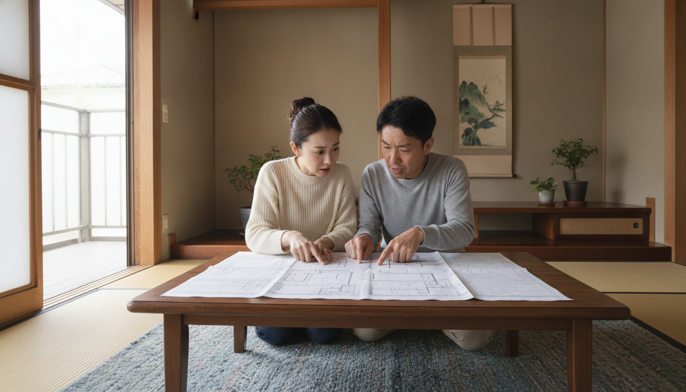 見積もりを見て悩む夫婦 リビングで見積書を見ながら外壁塗装の費用について悩む日本人夫婦