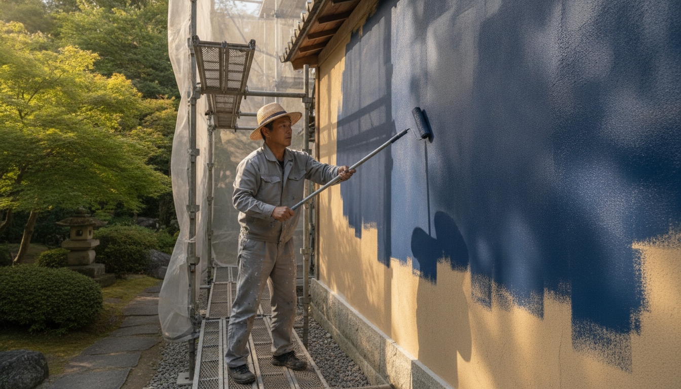 作業着を着た日本の職人がローラーを使って丁寧に外壁を塗装している様子