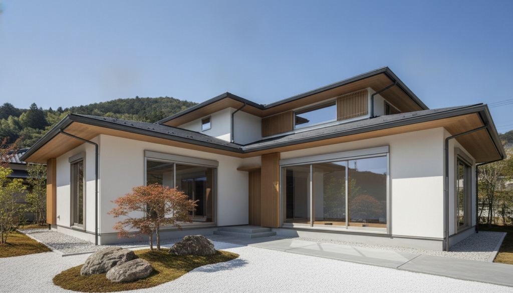 青空の下、綺麗に外壁塗装された日本の戸建て住宅の外観