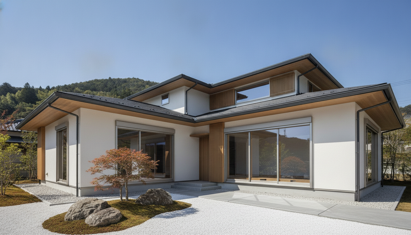 青空の下、綺麗に外壁塗装された日本の戸建て住宅の外観